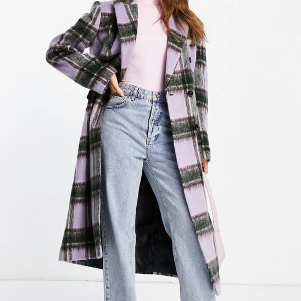Topshop Check Double Breasted Coat in Purple, Green & Black Size 6